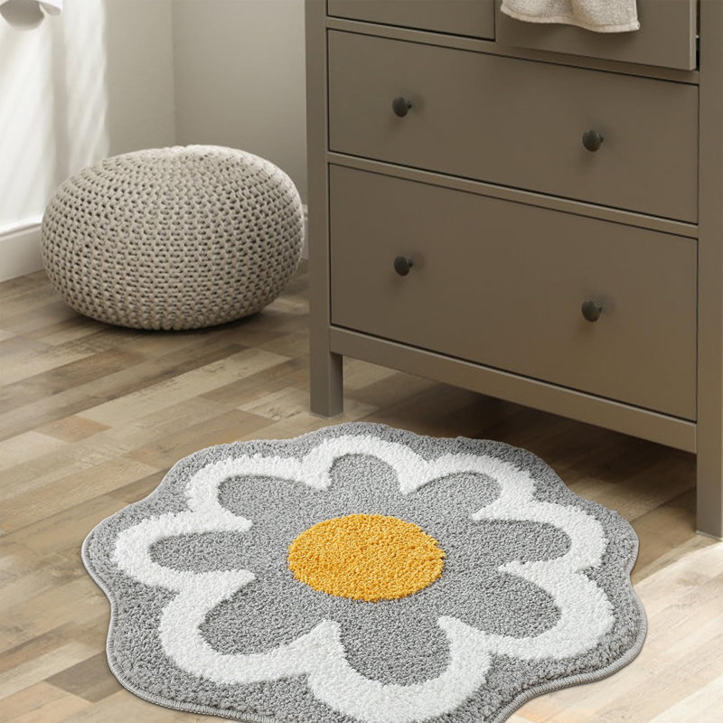  Cute Grey Flower Bath Mat, Soft Machine Absorbent Non-slip Washable Bathroom Rugs, Small Round Bath Rug Decor For Bathroom Bathtub Bedroom Kitchen