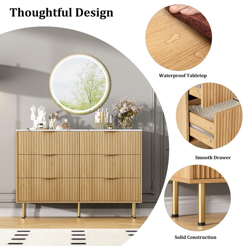 Commode Ã  6 tiroirs cannelÃ©s de 47,2 po pour chambre Ã  coucher, tiroirs profonds, Burlywood