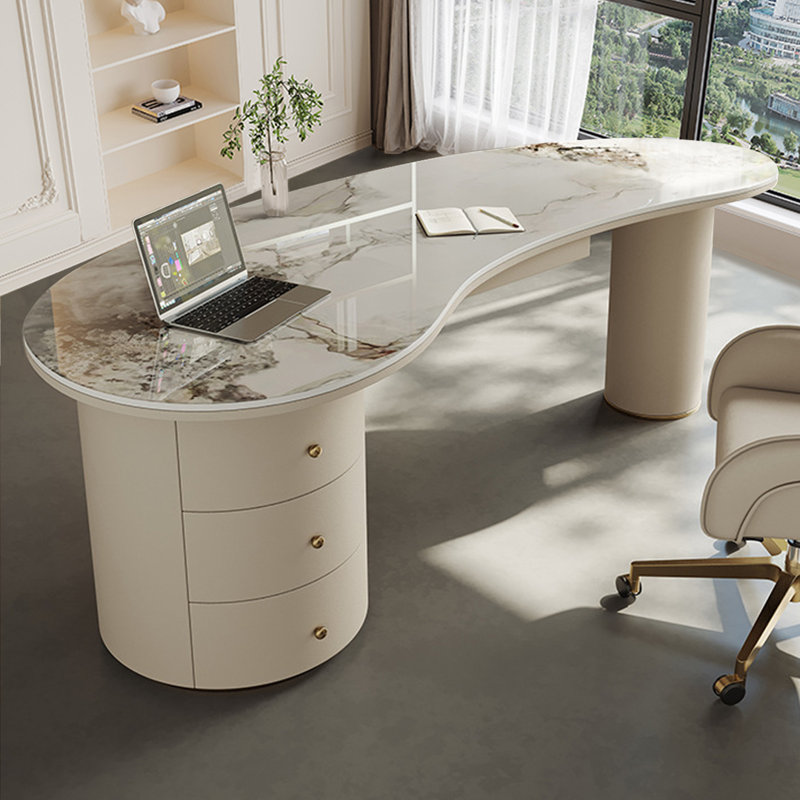 Bureau en pierre beige avec 3 tiroirs, H 29,53 po x l 55,12 po x P 29,53 po