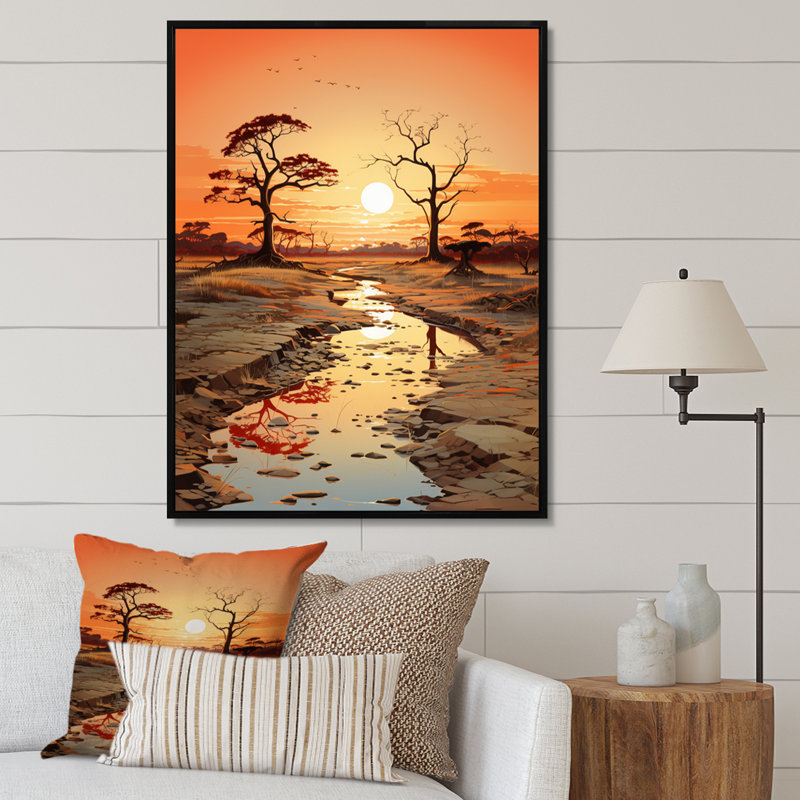 Orange, beige, vallée d'Afrique sur toile, H 32 po x l 16 po x P 1 po, Cadre flottant noir
