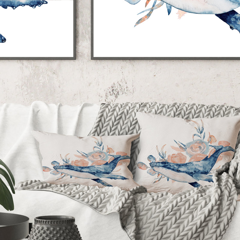 Blue Whale On White III - Nautical & Coastal Printed Throw Pillow 12" x 20"