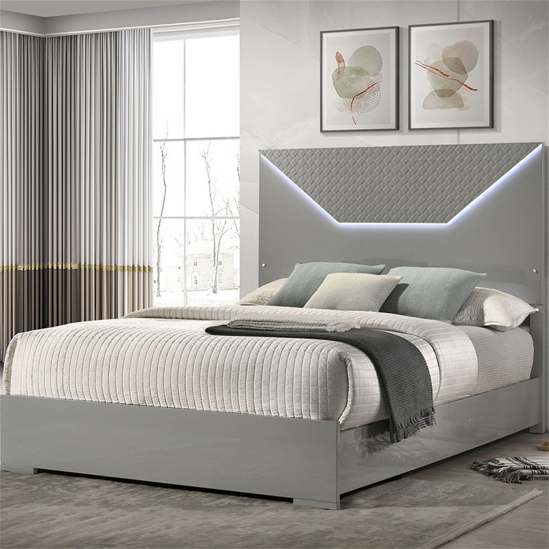 Gloss Panel Bed LED Headboard, Gray