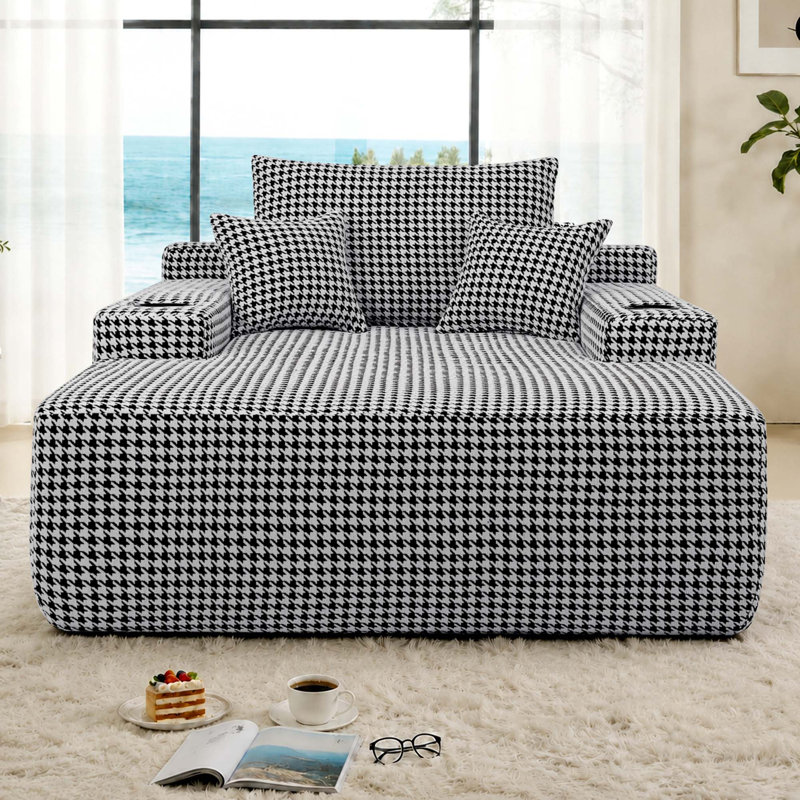 Méridienne convertible sans os avec accoudoirs larges et coussins décoratifs, Tissu noir