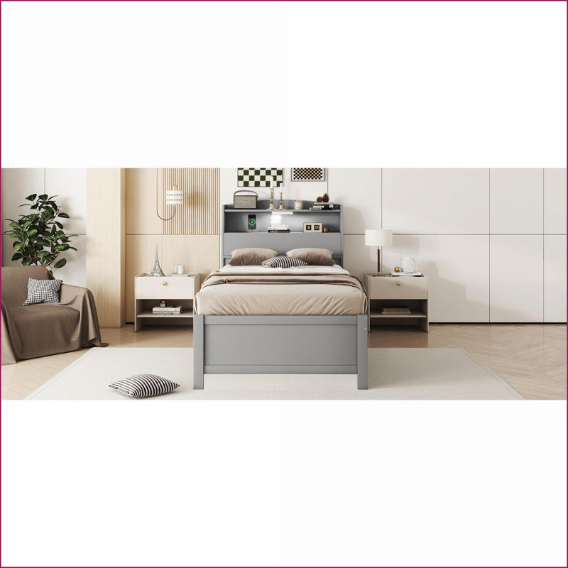 Lit plateforme simple en bois composite avec rangement à DEL, gigogne et amp; Tiroirs gris pour chambre d'amis