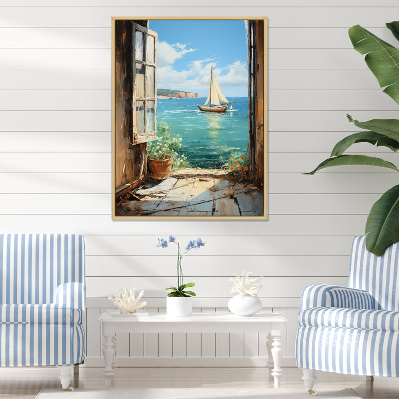 Voilier de bateau, vue sur l'océan II - fenêtres côtières, art mural, Cadre flottant brun, H 40 po x l 30 po x P 1,5 po