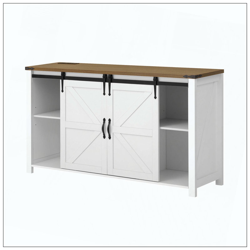 Farmhouse Wood Sideboard With Sliding Doors Drawers Power Outlet, Brown/White