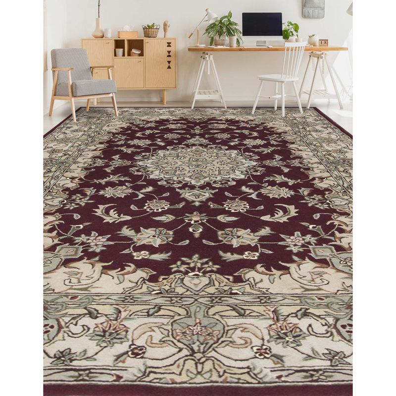 Wool Oriental Area Rug in Wine/Ivory
