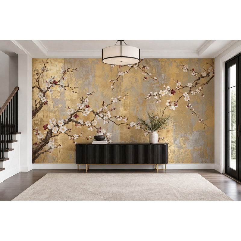 Papier peint mural à motif de branches de cerisier en fleurs et de feuilles d'or, 120"x96", Textured Non-Pasted