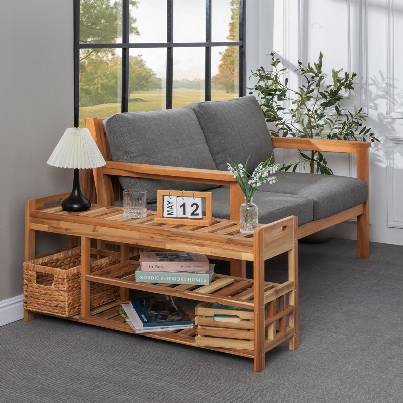 Solid Wood Shoe Storage Bench with Cushion, Light Natural