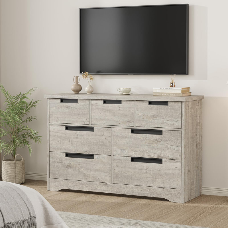 Commode 7 tiroirs - Commode en bois gris avec poignées intégrées - Rangement pour la chambre à coucher, le salon, la chambre de bébé, le couloir, gris