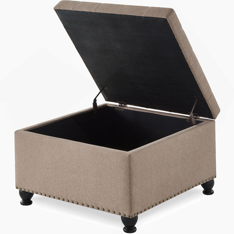 Large Square Storage Ottoman With Wooden Legs, Upholstered Button Tufted Coffee Table, Linen