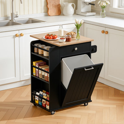 srping Kitchen Island With Drop Leaf,Tilt Out Kitchen Trash Cabinet, Rolling Storage Cart With Lockable Wheels & Adjustable Shelves by ROVRAk