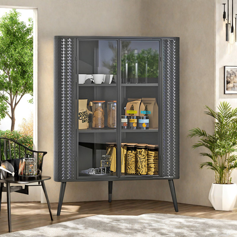 Modern 3-tier Corner Storage Cabinet With Tempered Glass Doors, Removeable Shelves & Metal Frame