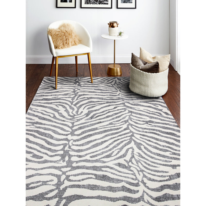 Tapis ivoire / gris à imprimé animal, Rectangle 5 pi x 7 pi 6 po