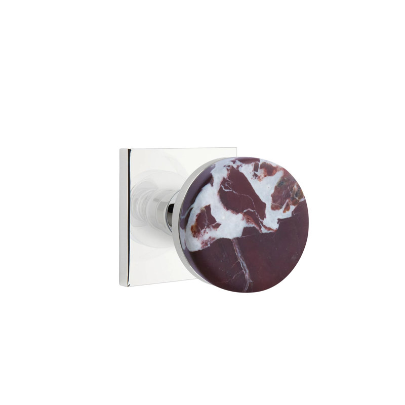 Emtek Select Privacy Knobset w/ Square Rosette & Conical Stem, Rosso Levanto Marble Knob (CF), Polished Chrome