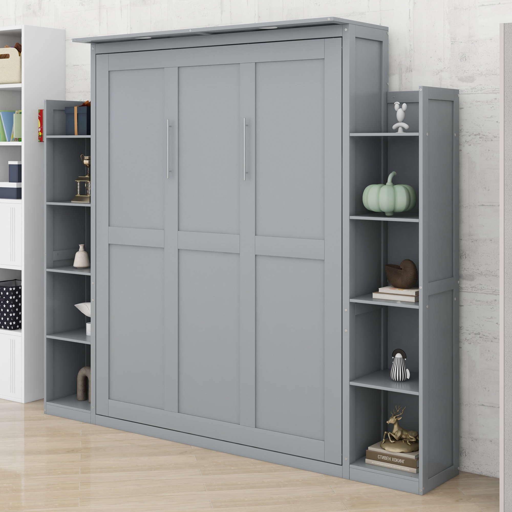 Latitude Run® Space Saving Murphy Wall Bed Featuring Built-In Shelves ...