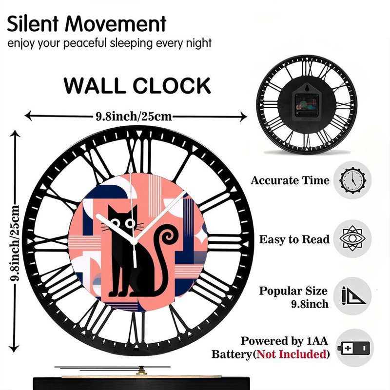 Horloge murale ronde en fer 10 po avec mouvement à quartz silencieux, chiffres romains, impression UV, Chair rose