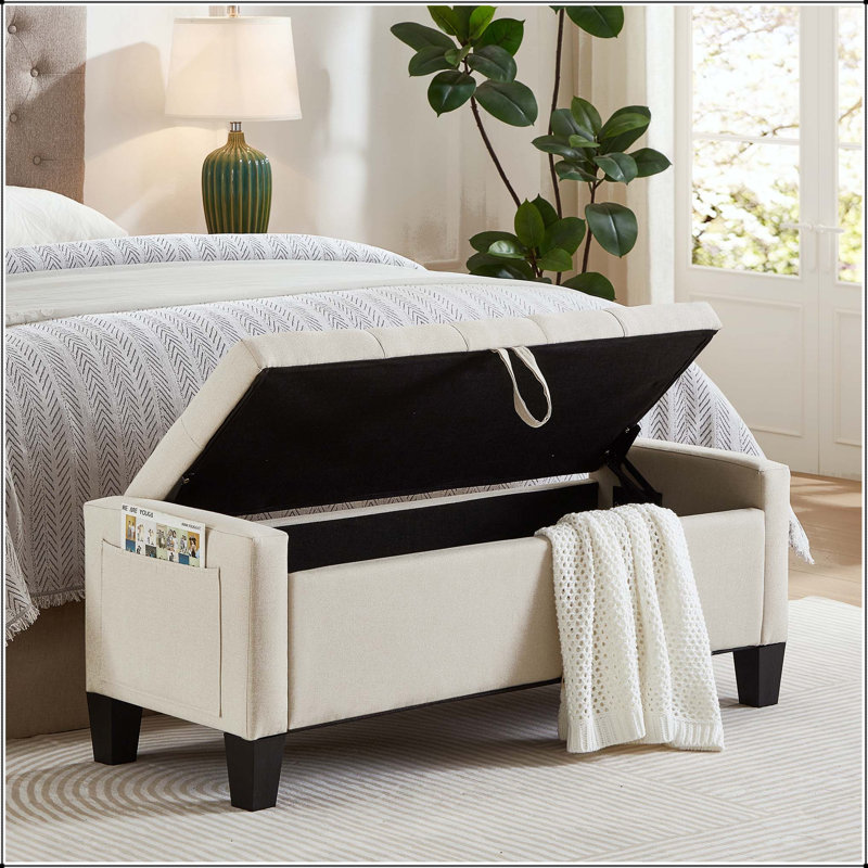 Banc repose-pieds en lin avec capitonnage à boutons et charnière de sécurité - Beige, Beige, Beige
