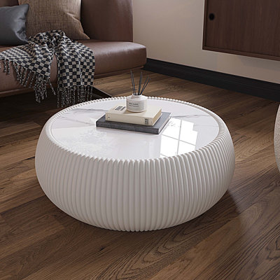 Marble Top Drum Shape Leather Coffee Table