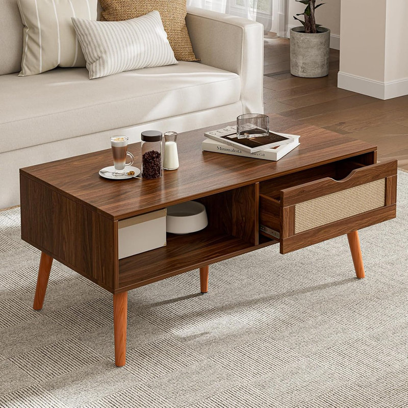 Table basse avec rangement, table de salle à manger Boho avec tiroir en rotin et pieds en bois massif, petites tables basses de salon