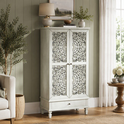 Rustic 55'' Tall Storage Cabinet With Drawer, Decorative 2-Door Carved Wood Accent Cabinet With Solid Wood Legs For Living Room, Hallway, Dining Room, Antique Grey White