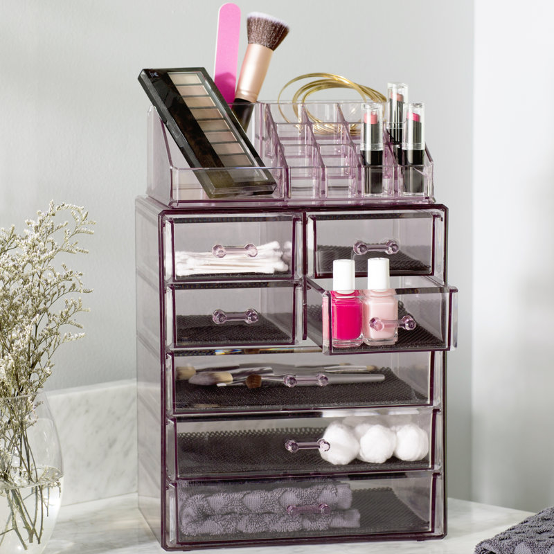 Purple Clear Acrylic Makeup Organizer with Drawers and Top Shelf