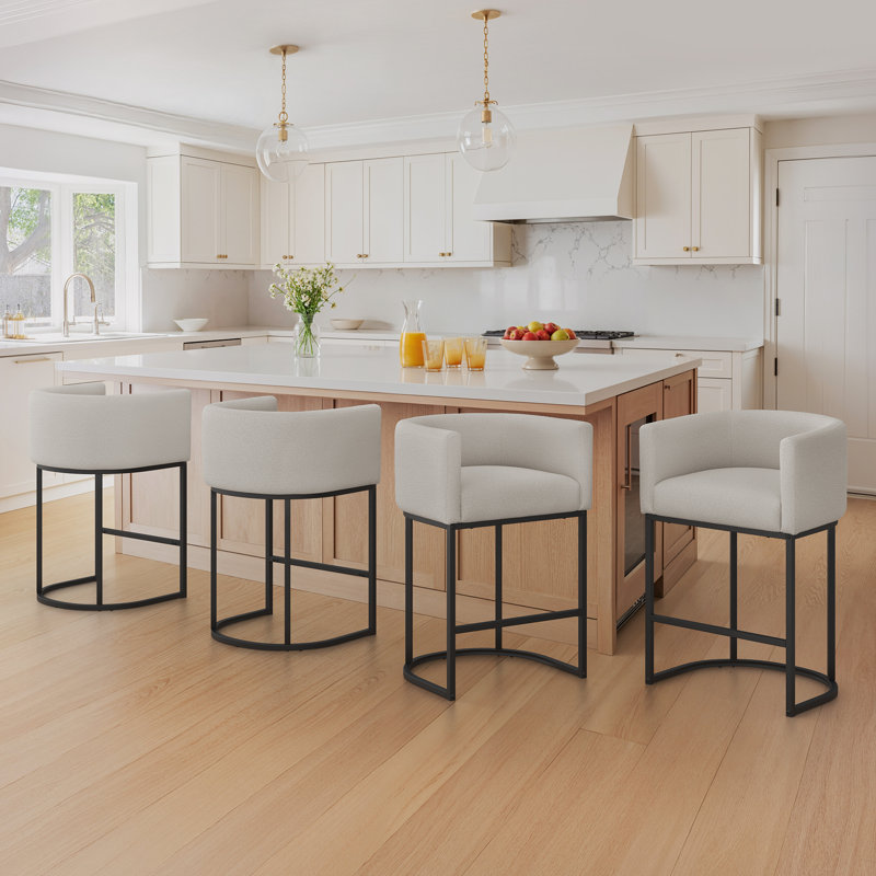 Modern Upholstered Counter Stool with Metal Frame, Light Gray Linen/Black