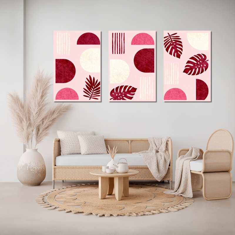 Feuilles tropicales et formes géométriques abstraites, art moderne sur toile rose et rouge (ensemble de 3), H 18 po x l 36 po