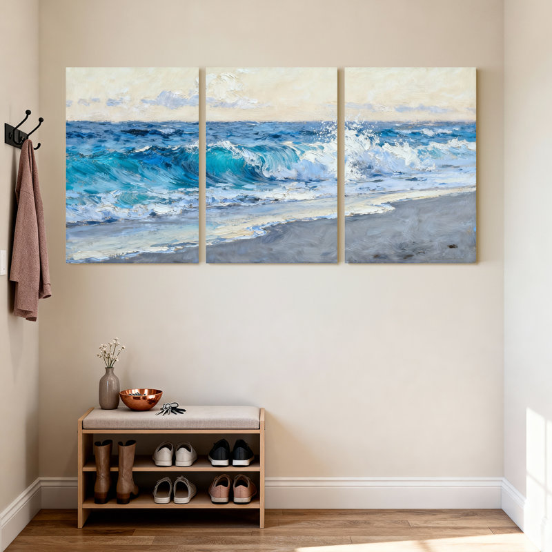Ensemble de 3 toiles murales représentant une scène de plage et de vagues océaniques, H 30 po x l 60 po