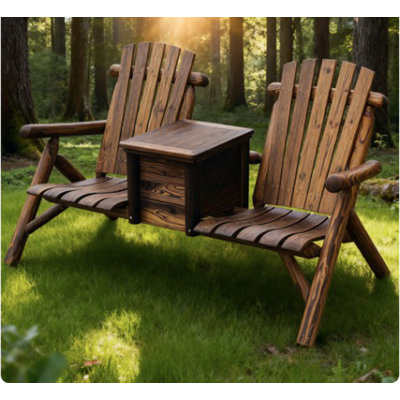 Double Adirondack Chair Loveseat,Double Wooden Adirondack Chair With Ice Bucket,Outdoor Loveseat With High Backrest