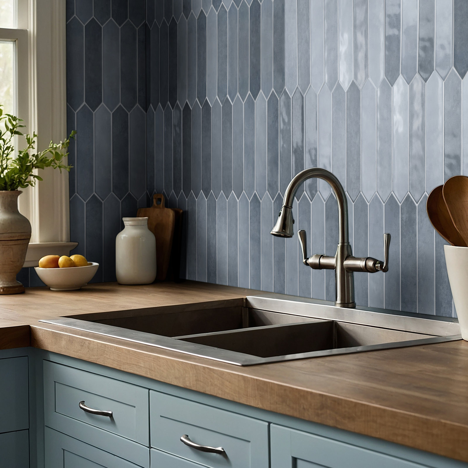 Renzo Ceramic Picket Wall Tile, Denim