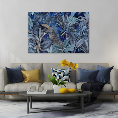 Illustration murale abstraite d'un paysage de forêt luxuriante avec des paons et des oiseaux