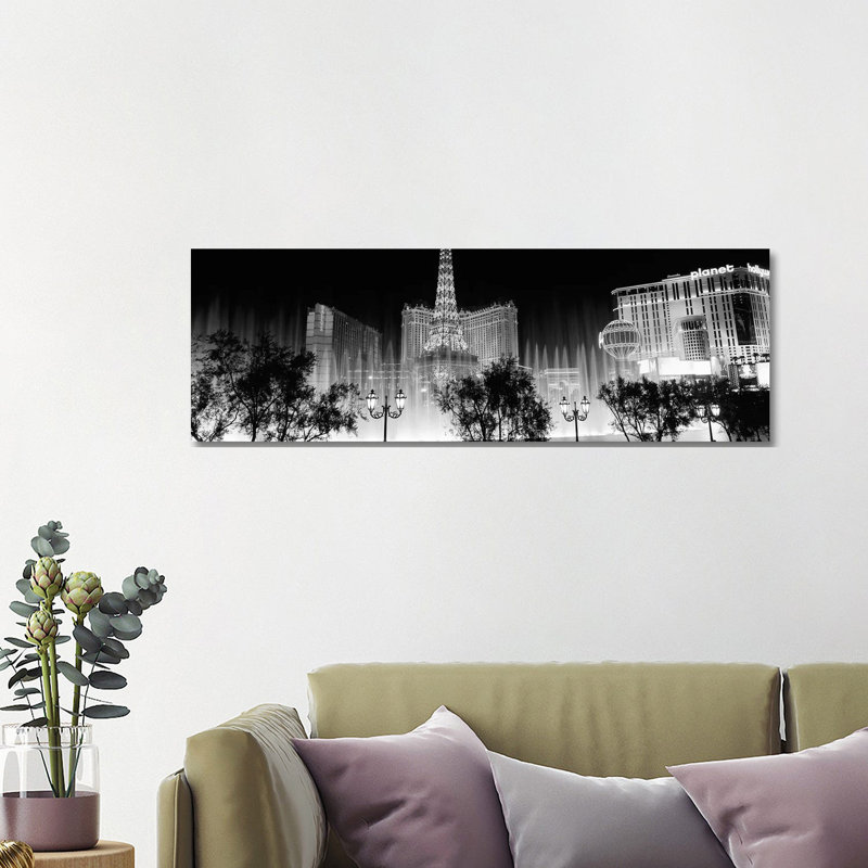 Hotels In A City Lit Up At Night, The Strip, Las Vegas, Nevada, USA by Panoramic Images - Wrapped Canvas Panoramic Gallery-Wrapped Canvas Giclée