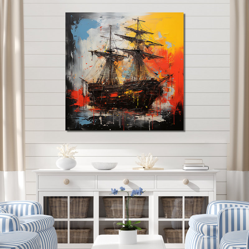 Popart bateau pirate coucher de soleil - art mural pirate, H 30 po x l 30 po x P 1,5 po, Toile tendue