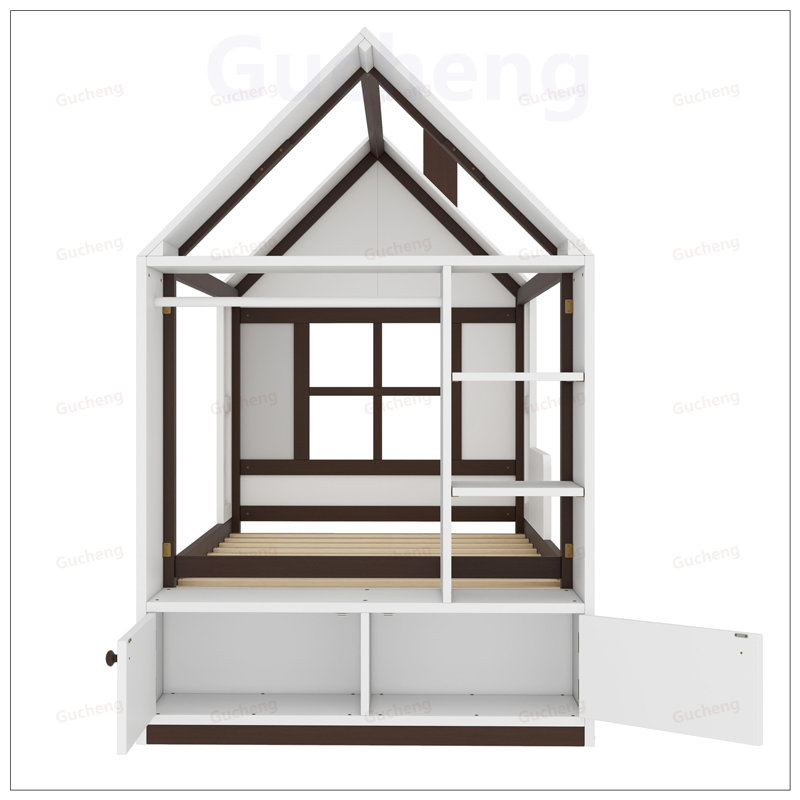 Lit plateforme simple avec tiroirs, tablettes et conception enfantine pour chambres douillettes et organisées, Espresso
