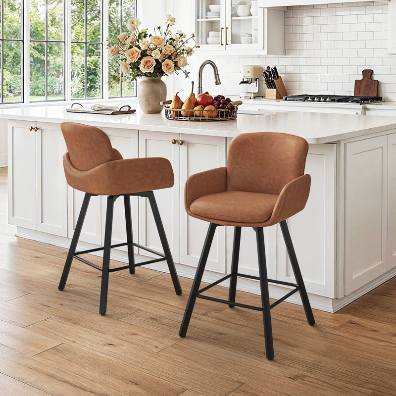 Upholstered Swivel Bar Stools with Metal Frame, New Brown
