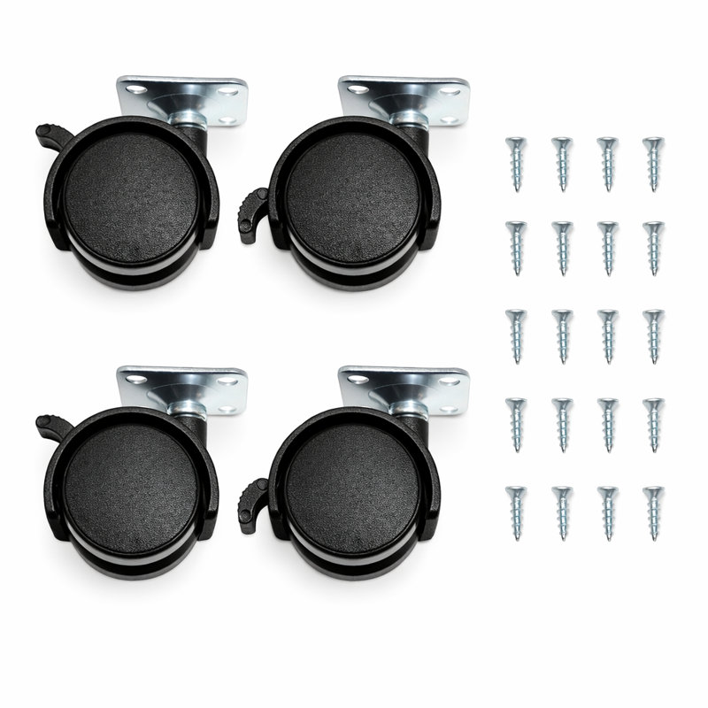 Ensemble de 4 roulettes pivotantes avec frein - Roulettes de meuble de 1,5 po avec plaque de fixation et vis