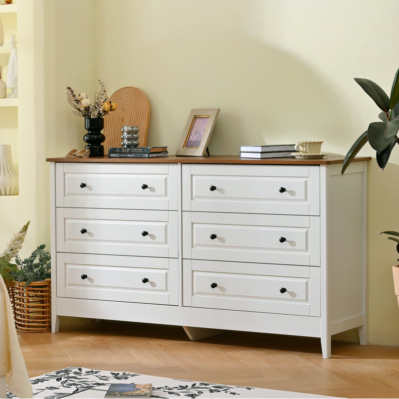 Commode blanche pour chambre à coucher, commode 6 tiroirs avec tiroir large et poignées en métal, commode blanche, commodes en bois et commodes pour couloir, entrée