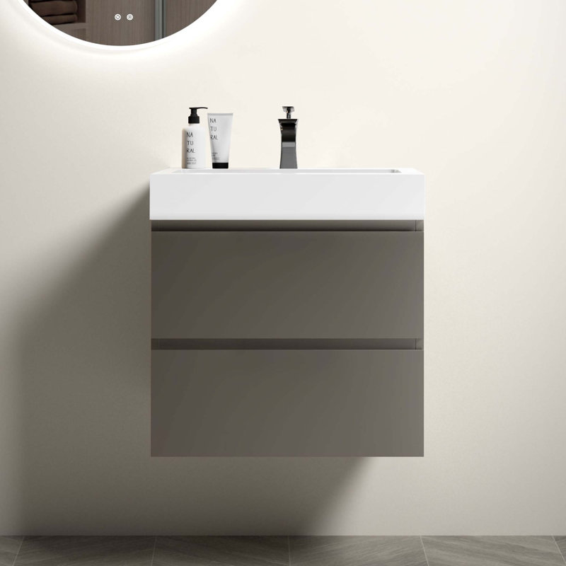 Meuble-lavabo mural moderne avec lavabo une pièce sans drain ni robinet, Blanc, Gris