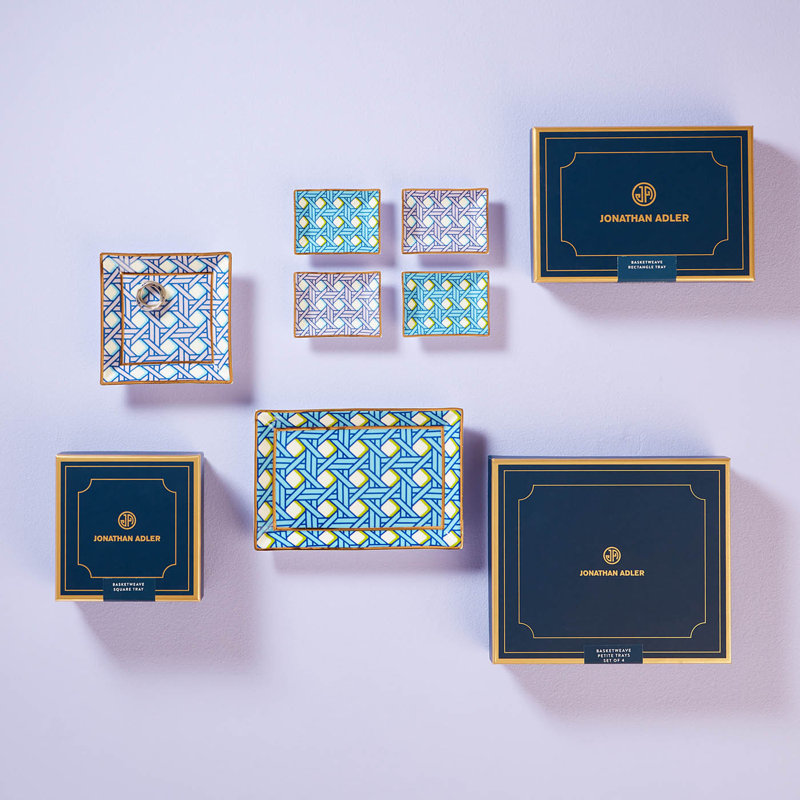Square Blue and Lavender Porcelain Decorative Tray with Gold Accents