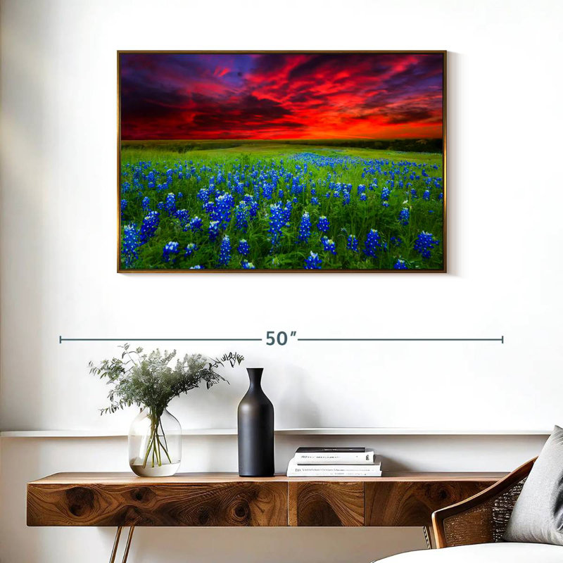 Bluebonnets au coucher du soleil I, Cadre flottant doré, 37 po x 25 po