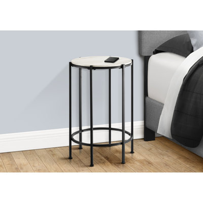 Table d'appoint ronde compacte: plateau en stratifié de chêne délavé et base en métal noir pour le salon, la chambre et les petits pieds contemporains