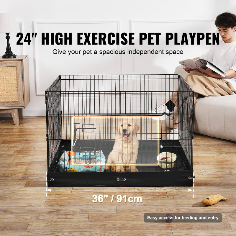 Foldable Black Metal Dog Playpen with Waterproof Bottom Pad