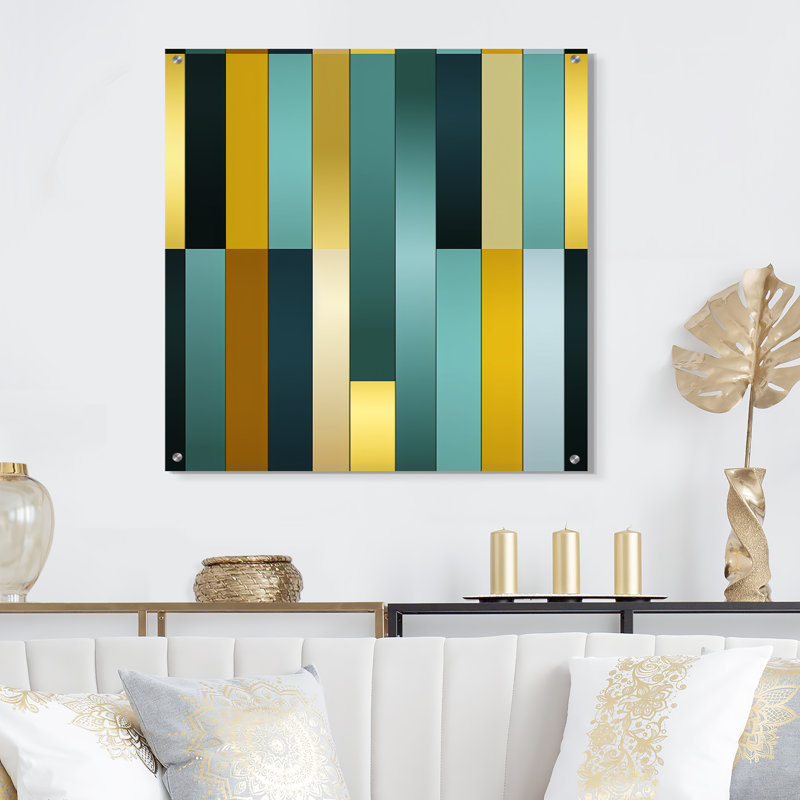 Harmonie rayée verte et jaune - Art mural abstrait en acrylique pour le salon, H 16 po x l 16 po