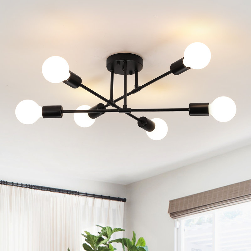 Dorae 6 - Light Dimmable Sputnik Modern Linear Chandelier Semi Flush Mount Ceiling Light, Matte Black