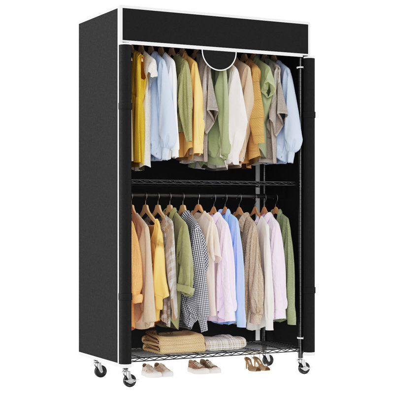 Heavy Duty Clothes Rack with Cover, 485lb Capacity, Rolling Portable Closet Wardrobe, Carbon Steel, Dustproof, Tool-Free Assembly, Black