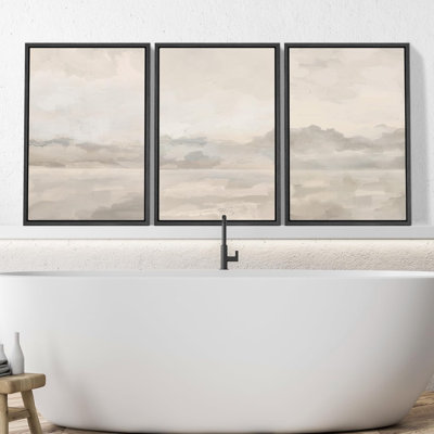 Minimal Landscape " Pastel Watercolor Cloudy Sky Gray Abstract Landscape " 3 - Pieces