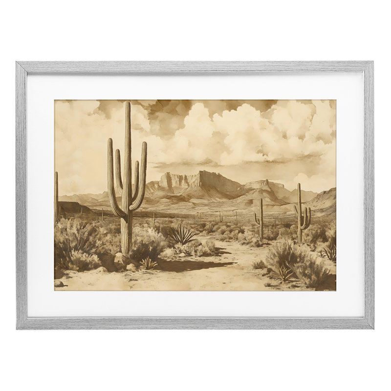 Vintage Desert Peaks avec Saguaro, reproduction encadrée sous verre, design par Franklyn Gregory, 14 x 20