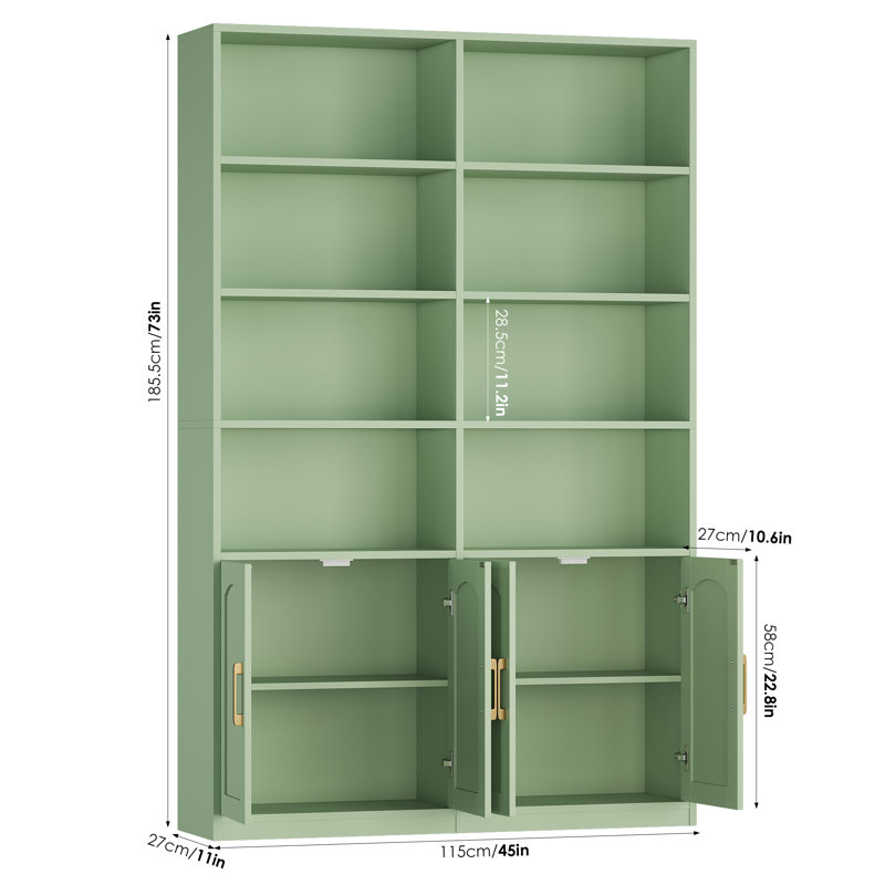 Bibliothèque standard en bois avec portes et 8 tablettes ouvertes Kirklyn, Vert