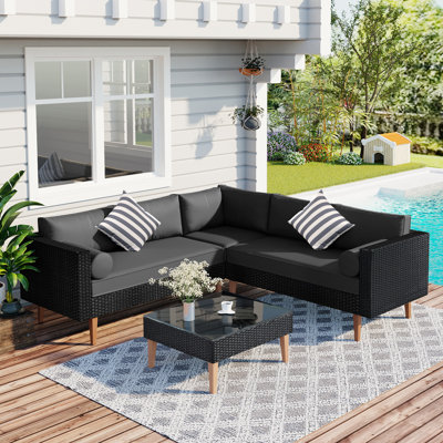 4-Pieces Outdoor Wicker Sofa Set, Patio Furniture With Colorful Pillows, L-Shape Sofa Set